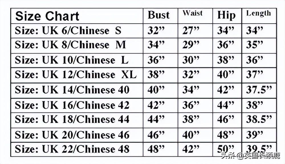 美码和中国码对照表（美国服装标准尺寸表一览）